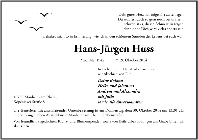  Traueranzeige für Hans-Jürgen Huss vom 25.10.2014 aus Kölner Stadt-Anzeiger / Kölnische Rundschau / Express