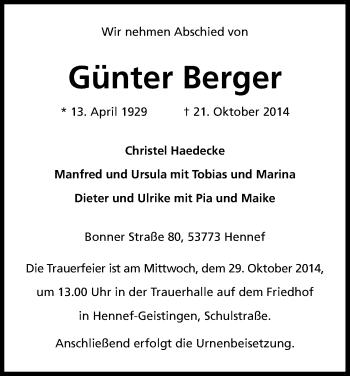 Anzeige von Günter Berger von Kölner Stadt-Anzeiger / Kölnische Rundschau / Express