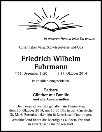 Anzeige von Friedrich Wilhelm Fuhrmann von Kölner Stadt-Anzeiger / Kölnische Rundschau / Express