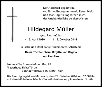 Anzeige von Hildegard Müller von Kölner Stadt-Anzeiger / Kölnische Rundschau / Express