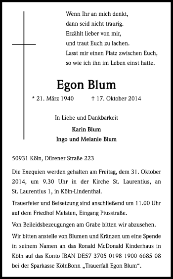 Anzeige von Egon Blum von Kölner Stadt-Anzeiger / Kölnische Rundschau / Express