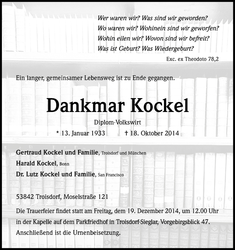  Traueranzeige für Dankmar Kockel vom 25.10.2014 aus Kölner Stadt-Anzeiger / Kölnische Rundschau / Express