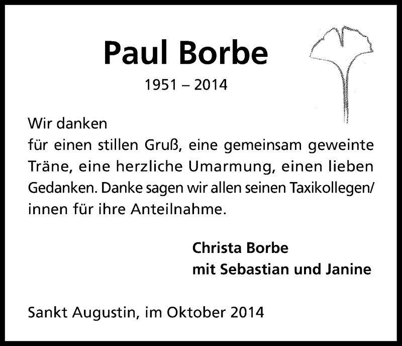  Traueranzeige für Paul Borbe vom 29.10.2014 aus Kölner Stadt-Anzeiger / Kölnische Rundschau / Express