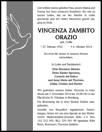Anzeige von Vincenza Zambito Orazio von Kölner Stadt-Anzeiger / Kölnische Rundschau / Express