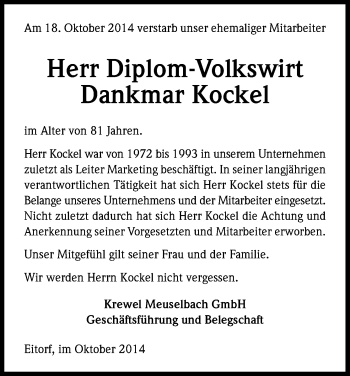 Anzeige von Dankmar Kockel von Kölner Stadt-Anzeiger / Kölnische Rundschau / Express