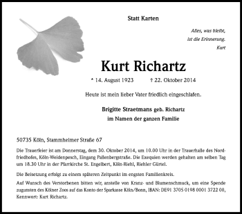 Anzeige von Kurt Richartz von Kölner Stadt-Anzeiger / Kölnische Rundschau / Express