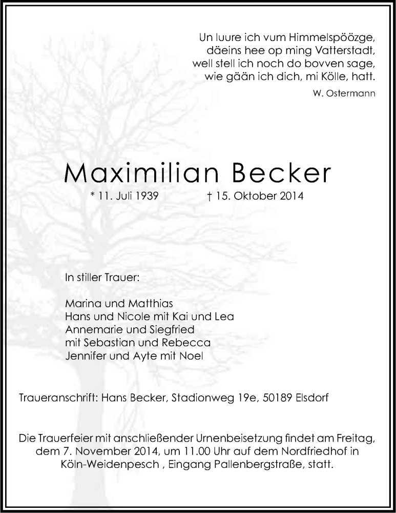  Traueranzeige für Maximilian Becker vom 29.10.2014 aus Kölner Stadt-Anzeiger / Kölnische Rundschau / Express