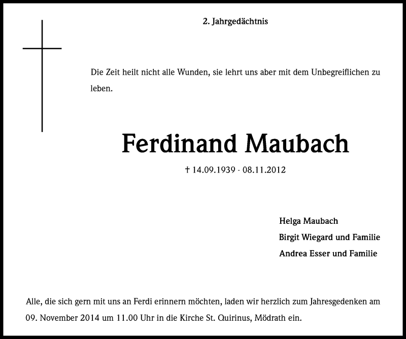  Traueranzeige für Ferdinand Maubach vom 05.11.2014 aus Kölner Stadt-Anzeiger / Kölnische Rundschau / Express