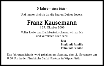 Anzeige von Franz Kausemann von Kölner Stadt-Anzeiger / Kölnische Rundschau / Express
