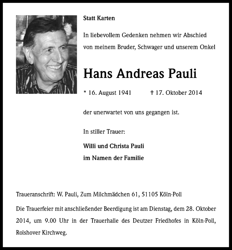  Traueranzeige für Hans Andreas Pauli vom 25.10.2014 aus Kölner Stadt-Anzeiger / Kölnische Rundschau / Express