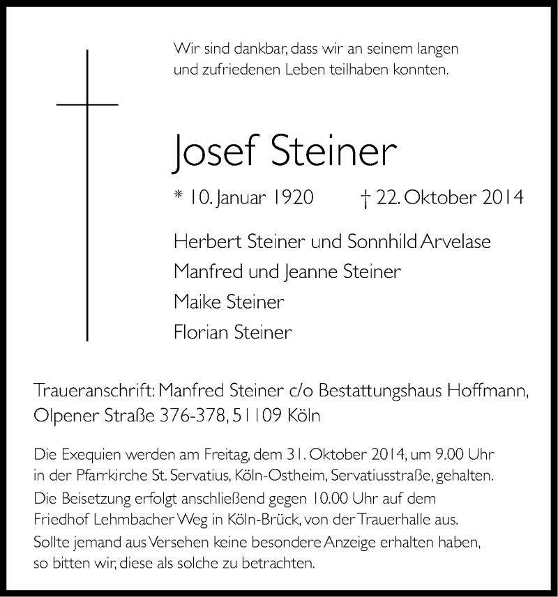  Traueranzeige für Josef Steiner vom 25.10.2014 aus Kölner Stadt-Anzeiger / Kölnische Rundschau / Express