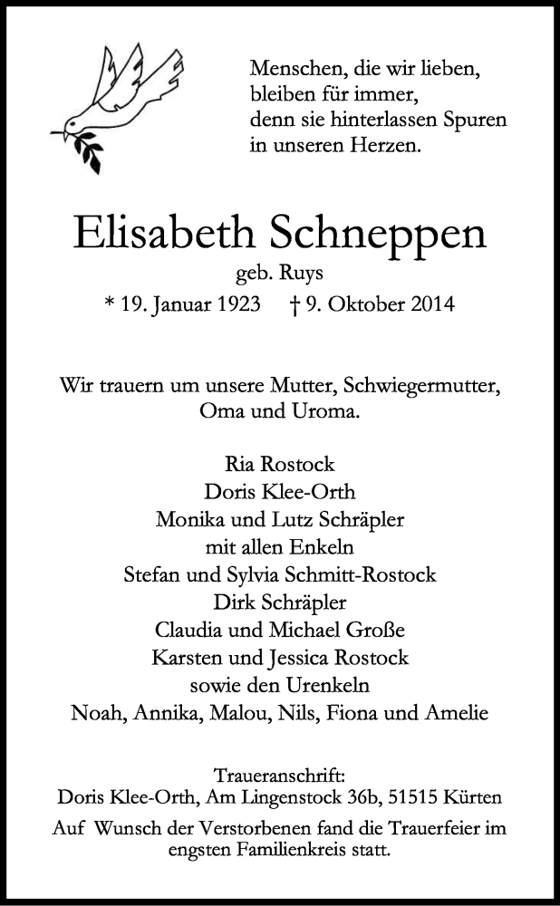  Traueranzeige für Elisabeth Schneppen vom 25.10.2014 aus Kölner Stadt-Anzeiger / Kölnische Rundschau / Express