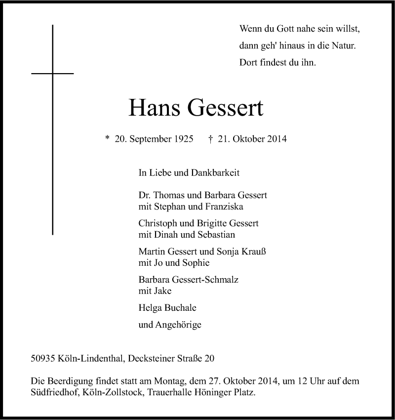  Traueranzeige für Hans Gessert vom 25.10.2014 aus Kölner Stadt-Anzeiger / Kölnische Rundschau / Express