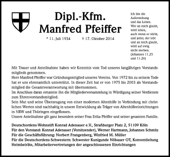 Anzeige von Manfred Pfeiffer von Kölner Stadt-Anzeiger / Kölnische Rundschau / Express