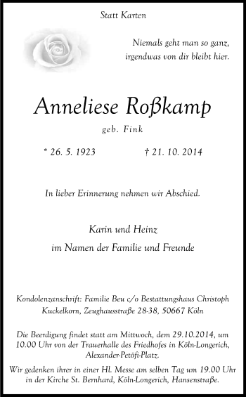 Anzeige von Anneliese  Roßkamp von Kölner Stadt-Anzeiger / Kölnische Rundschau / Express