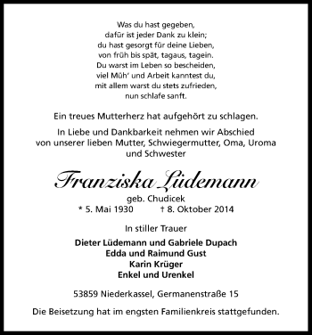 Anzeige von Franziska Lüdemann von Kölner Stadt-Anzeiger / Kölnische Rundschau / Express