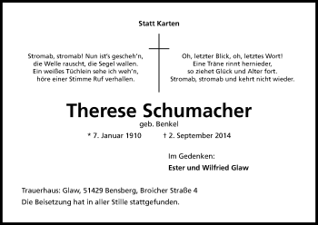 Anzeige von Therese Schumacher von Kölner Stadt-Anzeiger / Kölnische Rundschau / Express