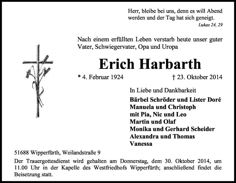  Traueranzeige für Erich Harbarth vom 25.10.2014 aus Kölner Stadt-Anzeiger / Kölnische Rundschau / Express