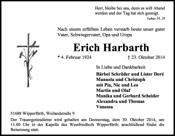 Anzeige von Erich Harbarth von Kölner Stadt-Anzeiger / Kölnische Rundschau / Express