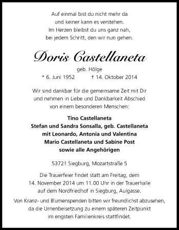 Anzeige von Doris Castellaneta von Kölner Stadt-Anzeiger / Kölnische Rundschau / Express
