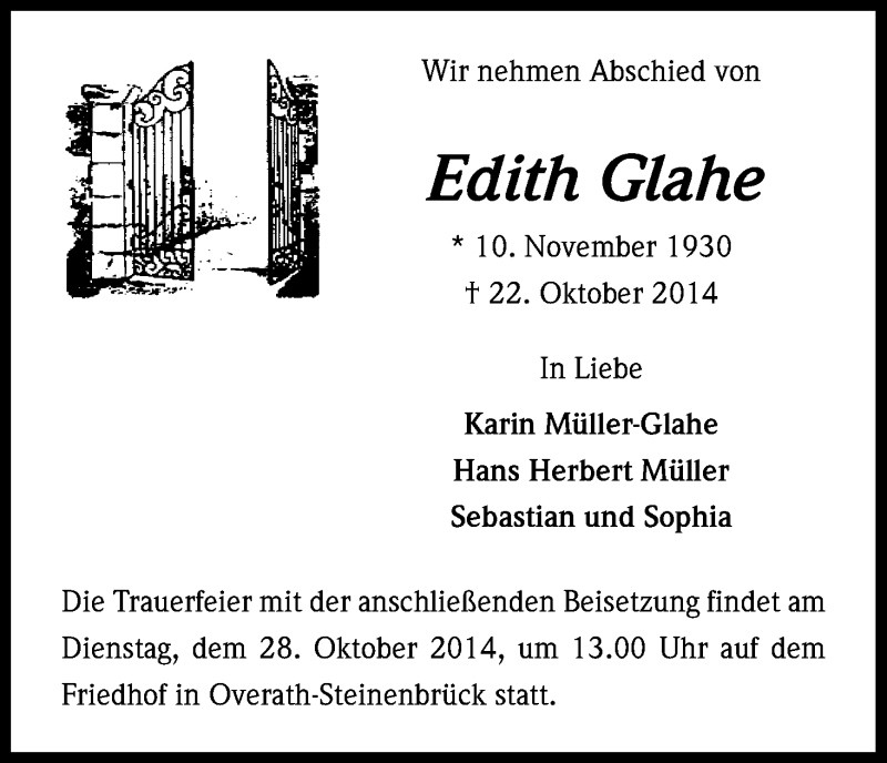  Traueranzeige für Edith Glahe vom 25.10.2014 aus Kölner Stadt-Anzeiger / Kölnische Rundschau / Express