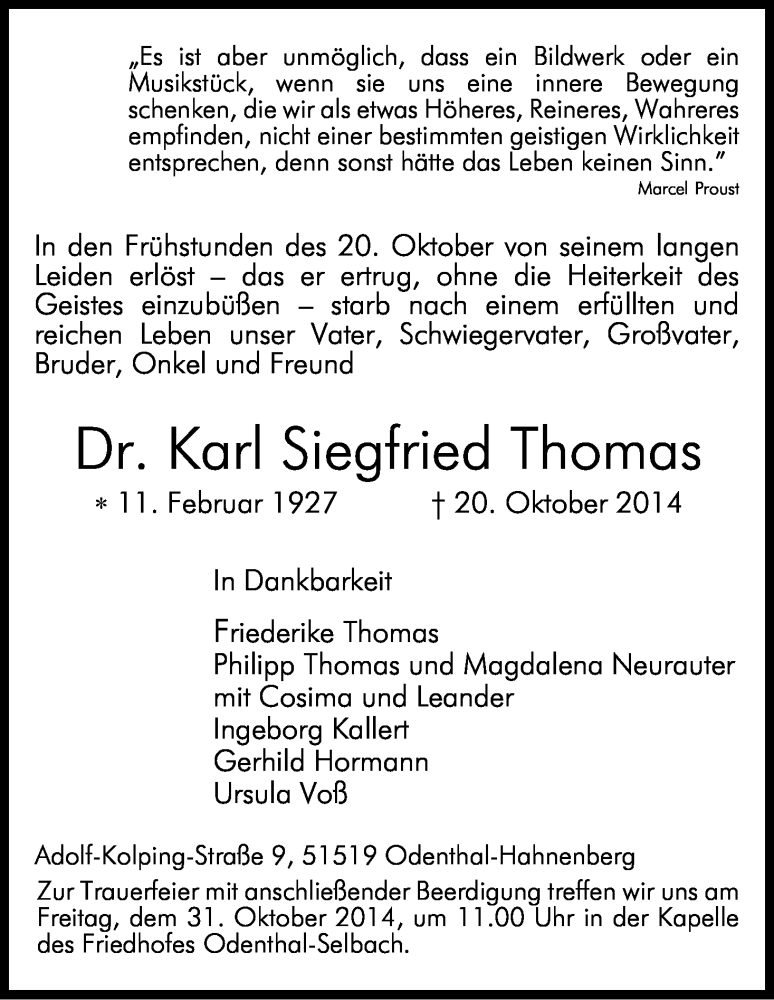  Traueranzeige für Karl Siegfried Thomas vom 25.10.2014 aus Kölner Stadt-Anzeiger / Kölnische Rundschau / Express