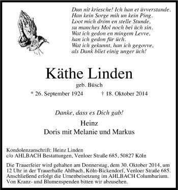 Anzeige von Käthe Linden von Kölner Stadt-Anzeiger / Kölnische Rundschau / Express