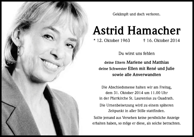  Traueranzeige für Astrid Hamacher vom 25.10.2014 aus Kölner Stadt-Anzeiger / Kölnische Rundschau / Express