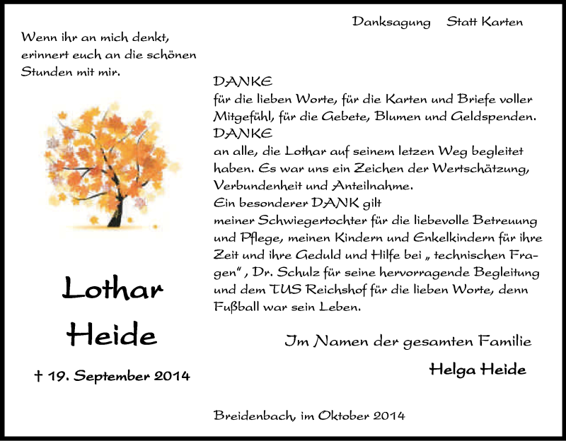  Traueranzeige für Lothar Heide vom 25.10.2014 aus Kölner Stadt-Anzeiger / Kölnische Rundschau / Express