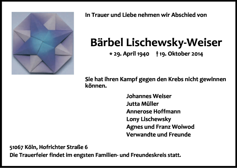  Traueranzeige für Bärbel Lischewsky-Weiser vom 25.10.2014 aus Kölner Stadt-Anzeiger / Kölnische Rundschau / Express