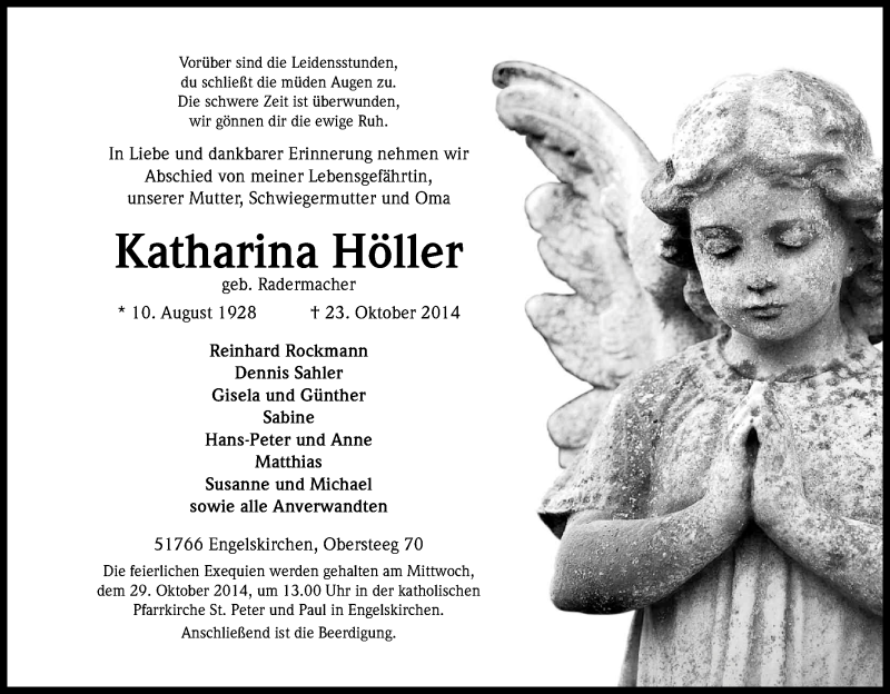  Traueranzeige für Katharina Höller vom 25.10.2014 aus Kölner Stadt-Anzeiger / Kölnische Rundschau / Express