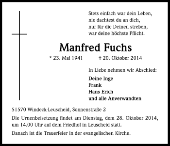 Anzeige von Manfred Fuchs von Kölner Stadt-Anzeiger / Kölnische Rundschau / Express