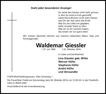 Anzeige von Waldemar Giessler von Kölner Stadt-Anzeiger / Kölnische Rundschau / Express