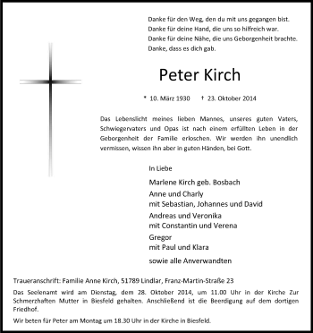 Anzeige von Peter Kirch von Kölner Stadt-Anzeiger / Kölnische Rundschau / Express