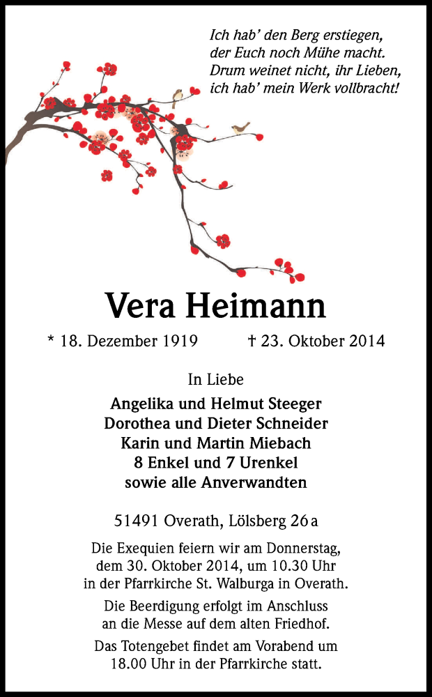  Traueranzeige für Vera Heimann vom 25.10.2014 aus Kölner Stadt-Anzeiger / Kölnische Rundschau / Express