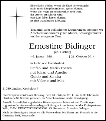 Anzeige von Ernestine Bidinger von Kölner Stadt-Anzeiger / Kölnische Rundschau / Express