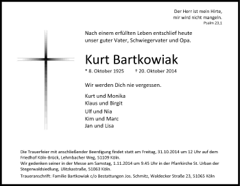 Anzeige von Kurt Bartkowiak von Kölner Stadt-Anzeiger / Kölnische Rundschau / Express