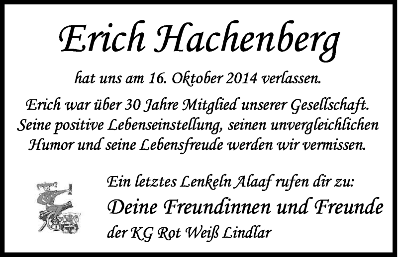  Traueranzeige für Erich Hachenberg vom 25.10.2014 aus Kölner Stadt-Anzeiger / Kölnische Rundschau / Express
