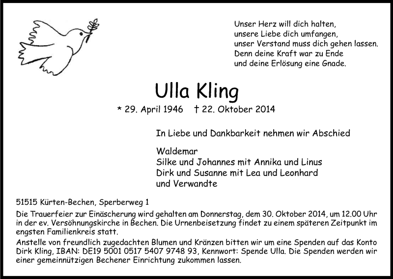  Traueranzeige für Ulla Kling vom 25.10.2014 aus Kölner Stadt-Anzeiger / Kölnische Rundschau / Express