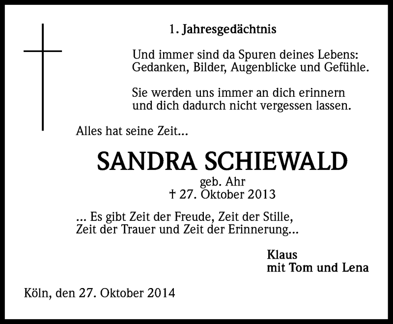  Traueranzeige für Sandra Schiewald vom 27.10.2014 aus Kölner Stadt-Anzeiger / Kölnische Rundschau / Express