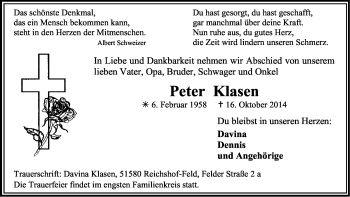 Anzeige von Peter Klasen von Kölner Stadt-Anzeiger / Kölnische Rundschau / Express