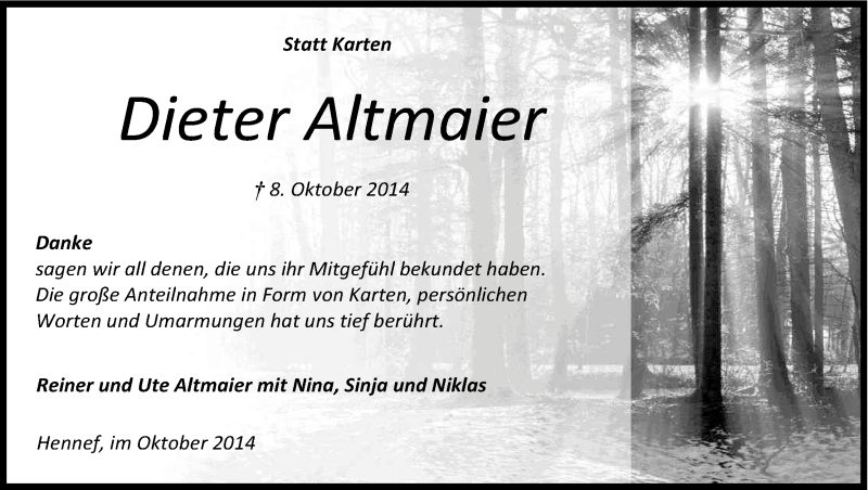  Traueranzeige für Dieter Altmaier vom 25.10.2014 aus Kölner Stadt-Anzeiger / Kölnische Rundschau / Express