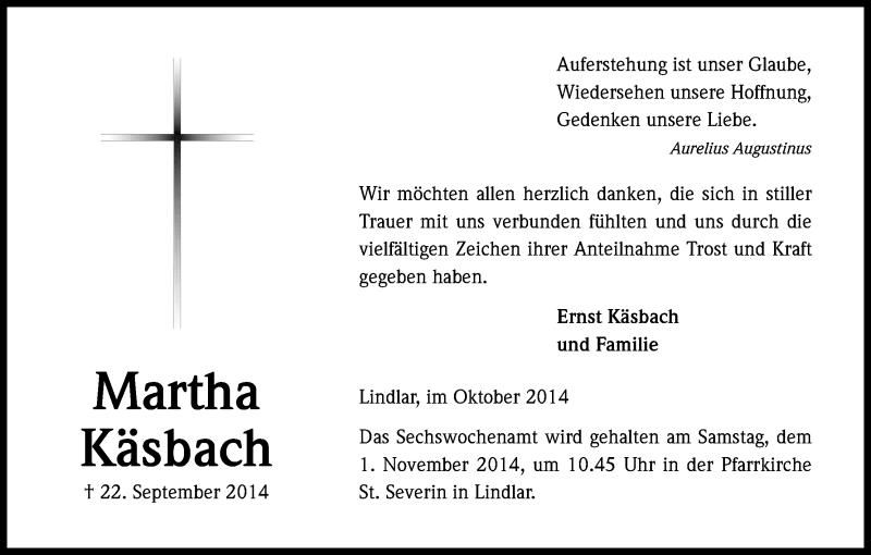  Traueranzeige für Martha Käsbach vom 25.10.2014 aus Kölner Stadt-Anzeiger / Kölnische Rundschau / Express