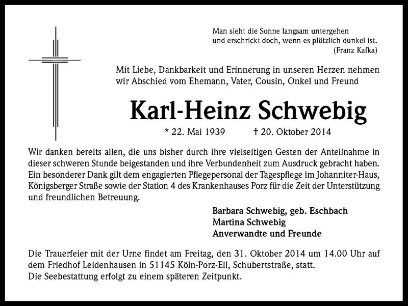  Traueranzeige für Karl-Heinz Schwebig vom 29.10.2014 aus Kölner Stadt-Anzeiger / Kölnische Rundschau / Express