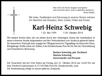 Anzeige von Karl-Heinz Schwebig von Kölner Stadt-Anzeiger / Kölnische Rundschau / Express