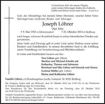 Anzeige von Joseph Löhrer von Kölner Stadt-Anzeiger / Kölnische Rundschau / Express