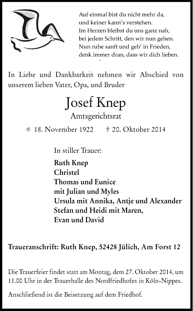  Traueranzeige für Josef Knep vom 25.10.2014 aus Kölner Stadt-Anzeiger / Kölnische Rundschau / Express