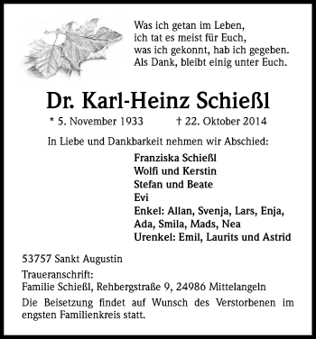 Anzeige von Karl-Heinz Schießl von Kölner Stadt-Anzeiger / Kölnische Rundschau / Express