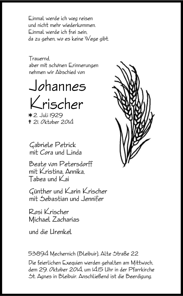  Traueranzeige für Johannes Kkrischer vom 25.10.2014 aus Kölner Stadt-Anzeiger / Kölnische Rundschau / Express