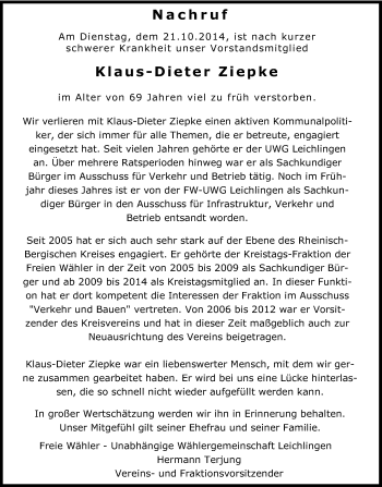 Anzeige von Klaus-Dieter Ziepke von Kölner Stadt-Anzeiger / Kölnische Rundschau / Express